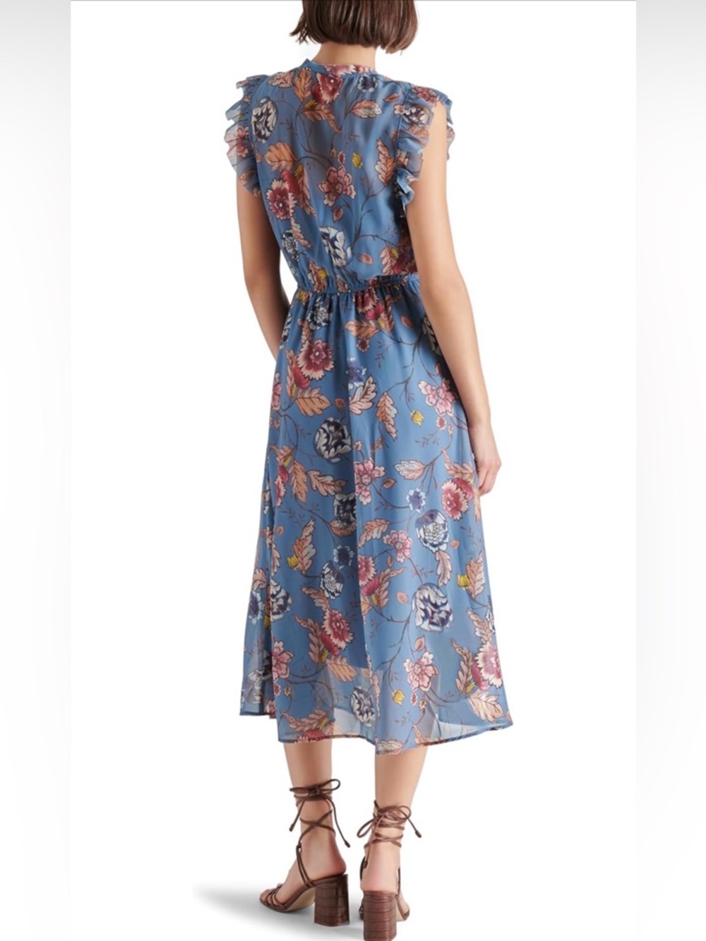 NWOT Steve Madden Allegra Blue Floral Ruffle Midi Dress Sz L Never Worn - Picture 2 of 3